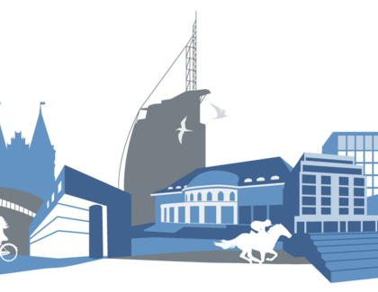 ATLANTIC Hotels Visualisierung Standorte Eine visualisierte Skyline aus allen Standorten der ATLANTIC Hotels. In blauen und grauen Tönen sind alle Häuserfassaden der Hotelgruppe zusammen visualisiert.